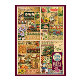 Collage of seasonal images with 'Cobble Hill' puzzle packaging on a white background