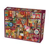 Jigsaw puzzle box with colorful design of art supplies
on a white background