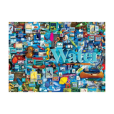 Collage of water-themed images with the word 'Water' in the center on a white background