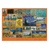 Collage of various artworks by Vincent van Gogh on an orange background