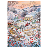 Winter scene with animals and a house, featuring birds, sheep, and a red car.