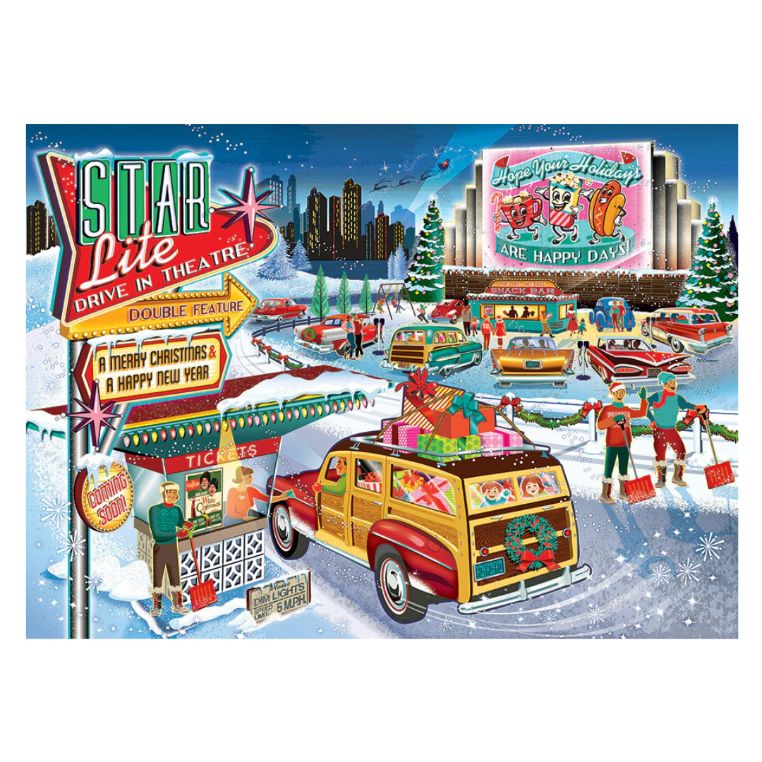 Colorful Christmas-themed drive-in theater scene with vintage cars and festive decorations.