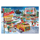 Colorful Christmas-themed drive-in theater scene with vintage cars and festive decorations.