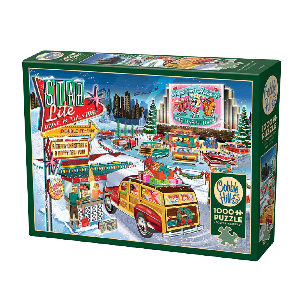 Cobble Hill puzzle box featuring a festive drive-in theater scene with colorful cars and buildings.