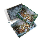 Jigsaw puzzle with a winter scene design, showing pieces and packaging on a white background.