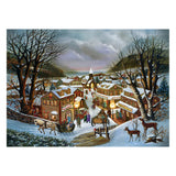 Winter village scene with snow-covered houses and people on a snowy street.