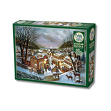 Cobble Hill puzzle box with a winter village scene on a white background