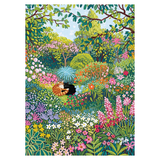 Colorful illustration of a garden with flowers and two cats cuddling