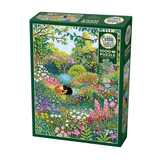 Jigsaw puzzle box with a colorful garden design on a white background
