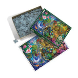 Jigsaw puzzle set with colorful artwork on a white background