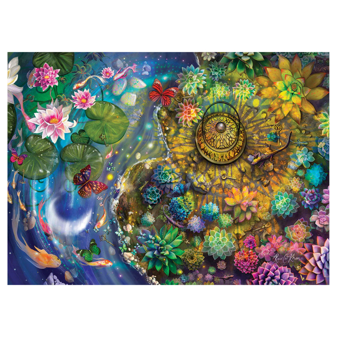 Colorful puzzle with nature-themed design featuring flowers, butterflies, and a lantern