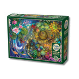 Jigsaw puzzle box with colorful design on a white background