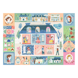 Colorful children's puzzle with a dollhouse and various scenes on a white background