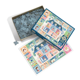 Children's puzzle with colorful illustrations and a box of puzzle pieces on a white background