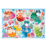 Colorful illustration of cats in mermaid costumes with underwater elements on a blue background