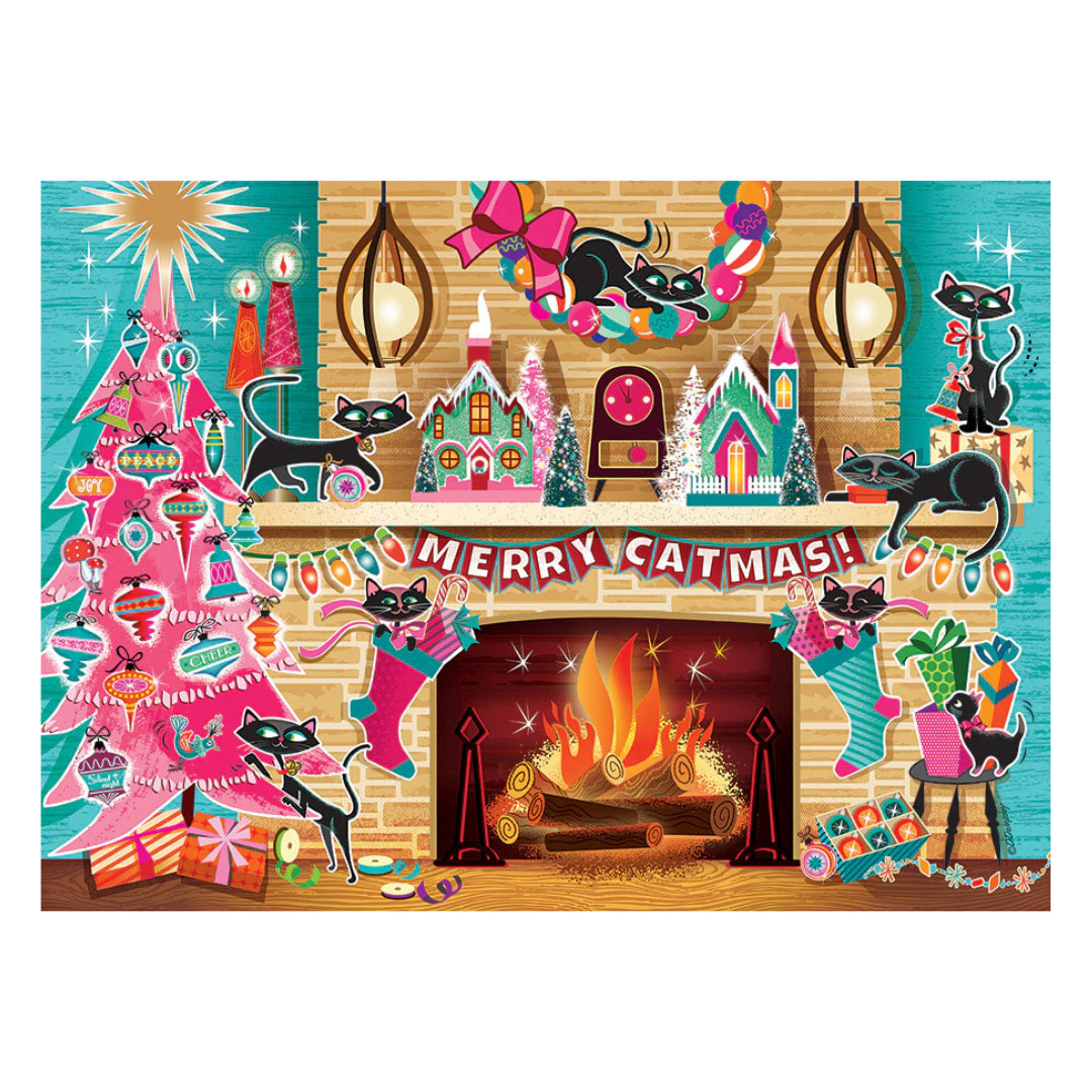 Colorful Christmas scene with cats around a fireplace, featuring 'Merry Catmas!' text.