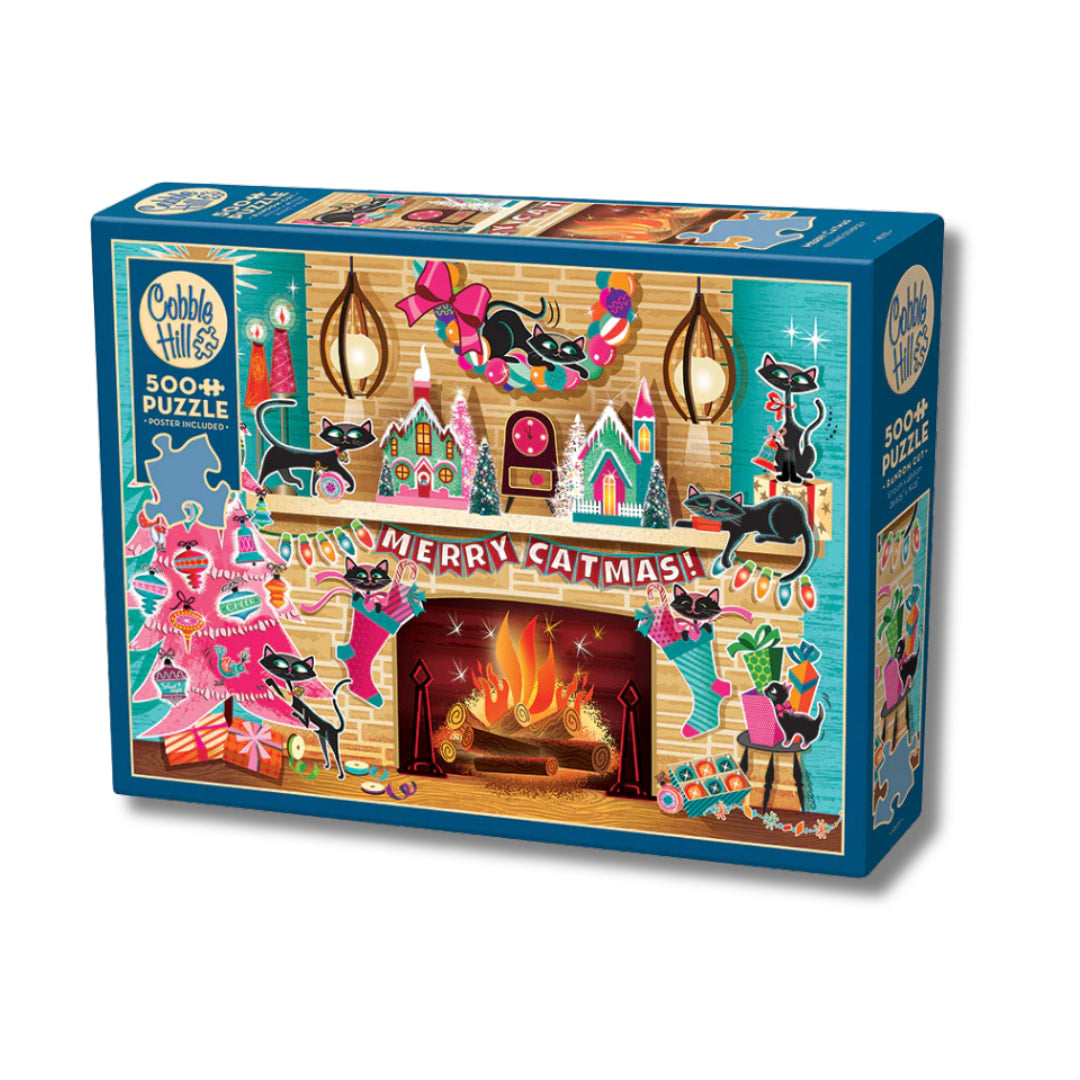 Cobble Hill puzzle box with festive fireplace and cats design