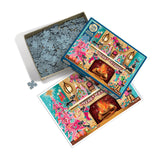 Colorful puzzle with festive design, partially completed, in a box on a white background