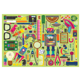 Colorful children's placemat with various educational items on a green background