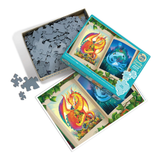 Children's puzzle set with colorful dragons on a white background