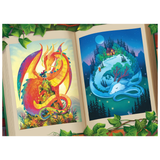 Open book with colorful illustrations of a dragon and a snowy landscape.