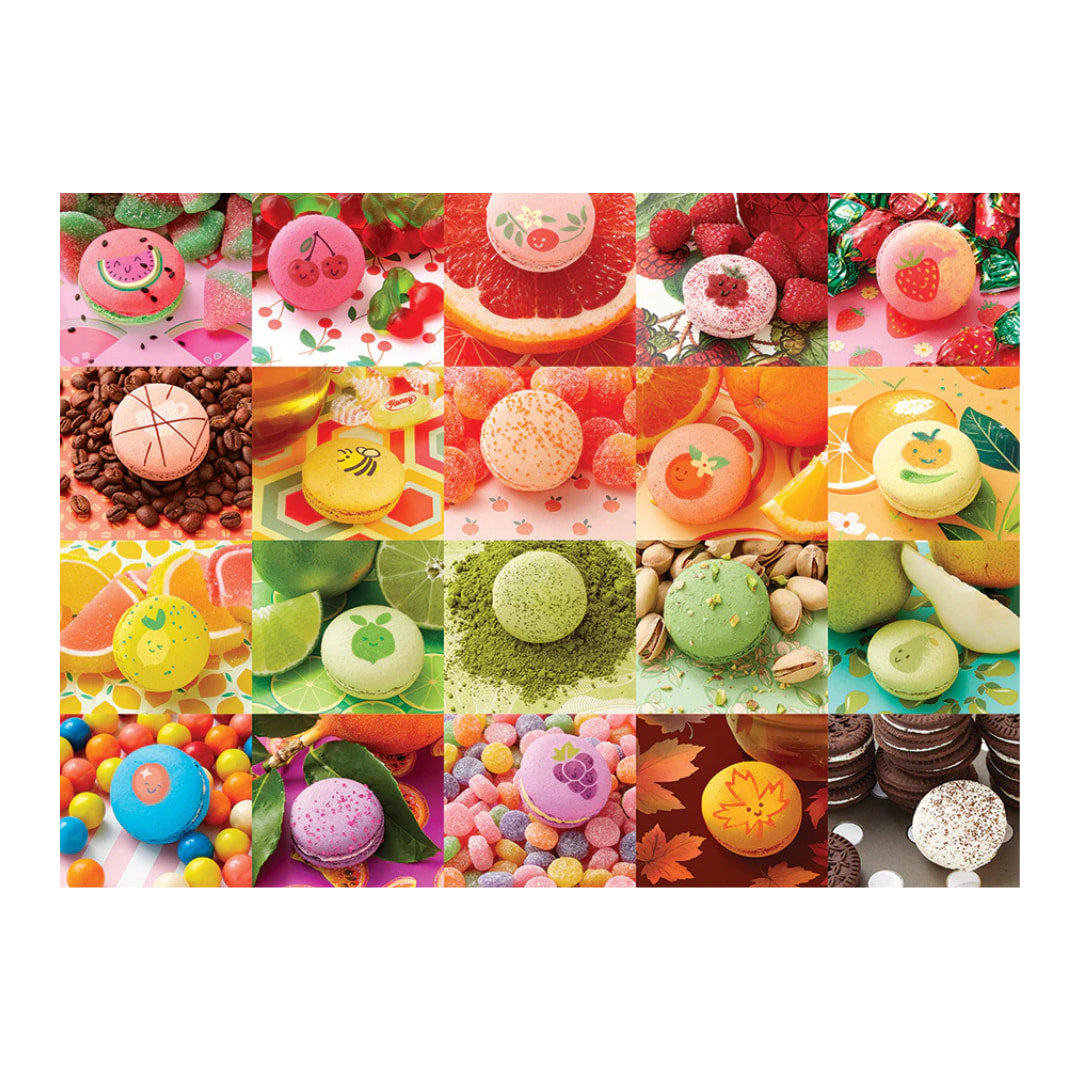 Collage of various colorful macarons and desserts