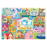 Colorful children's play mat with cartoon houses and animals on a white background