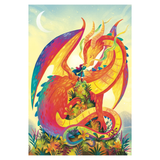 Colorful dragon illustration in a fantasy setting with plants and a moon in the background