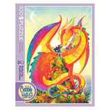Colorful dragon illustration on a Cobble Hill puzzle packaging with a purple border.