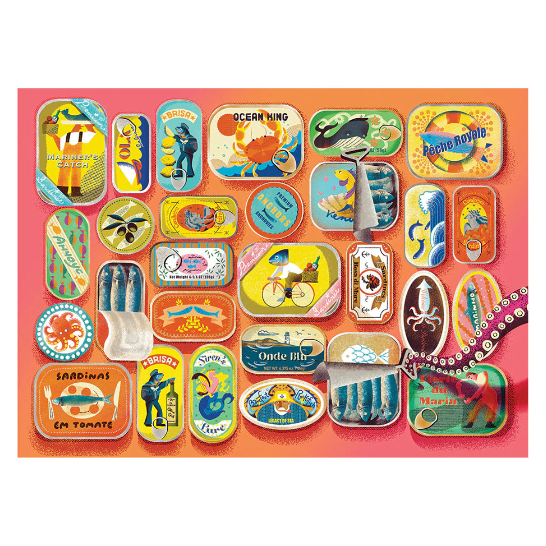 Collection of colorful vintage-style sardine can labels on a pink background