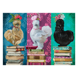 Three hens on stacks of books with decorative backgrounds.