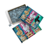 Puzzle with a colorful design of chickens and books, partially completed, on a white background.