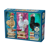 Cobble Hill puzzle box with three hens on a colorful background