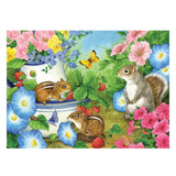 Illustration of squirrels and flowers with a white border
