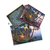 Jigsaw puzzle with a scenic packaging featuring a campfire and canoe by a lake.