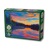 Cobble Hill puzzle box with a sunset over a lake design on a white background