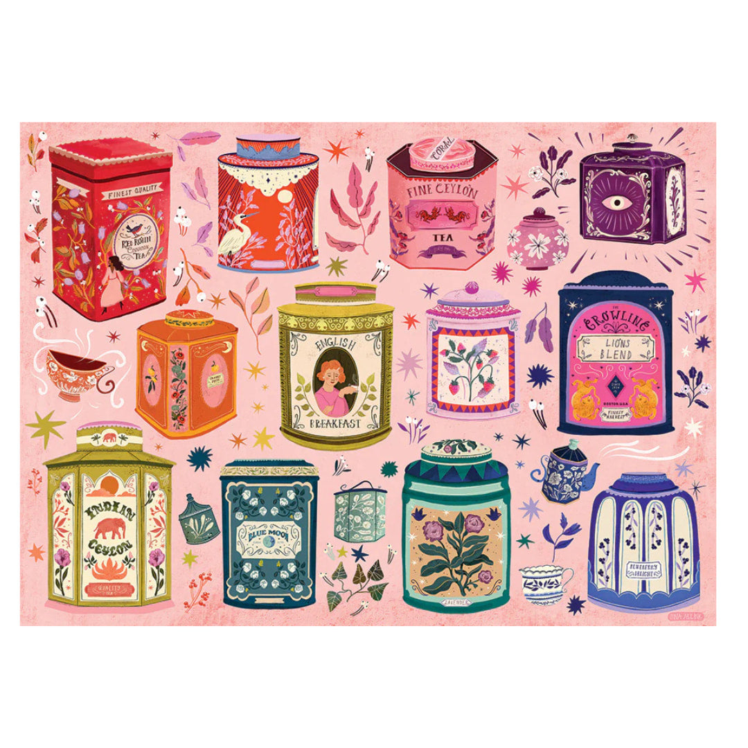 Illustrations of colorful tea canisters on a pink background