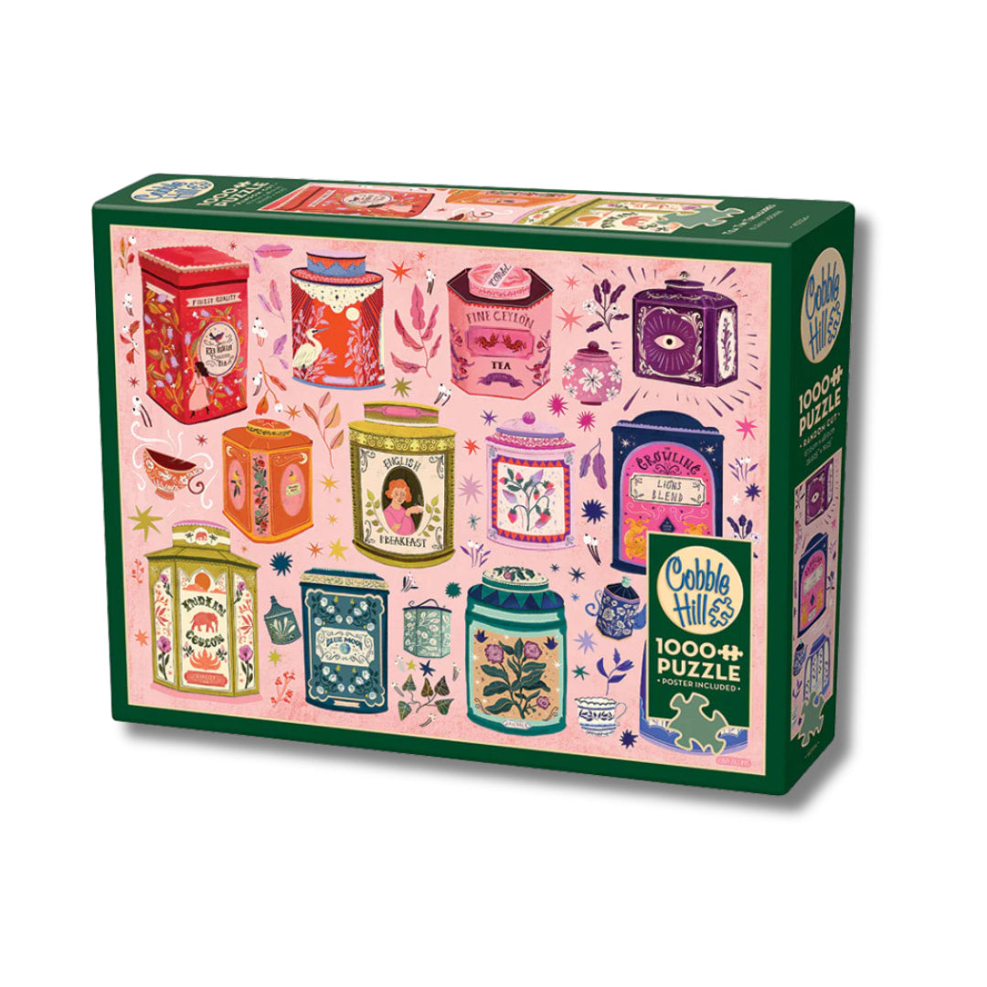 Cobble Hill puzzle box with colorful tea canister design on a white background