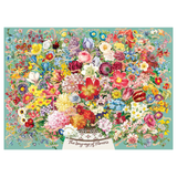Colorful floral arrangement with 'The Language of Flowers' text on a light blue background