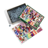 Colorful puzzle with pieces and packaging on a white background