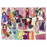 Illustration of people in a store with colorful clothing and accessories