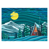 Illustration of a red cabin in a snowy landscape with a yellow moon.