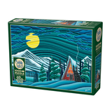 Cobble Hill puzzle box with a mountain and cabin design on a white background