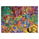 A highly detailed, colorful cartoon-style illustration showing a crowded outdoor scene with many characters, buildings, plants, and objects, presented as a square artwork centered on a white background.