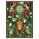 A square decorative art print or poster featuring a stag with large antlers surrounded by dense green foliage, red and white flowers, and ornate gold geometric motifs. The artwork is centered on a light gray background with a thin dark border around the print.