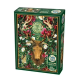 A 1000-piece jigsaw puzzle box by Cobble Hill featuring a detailed illustration of a stag with antlers surrounded by red flowers, green foliage, and a circular green medallion on a dark green box.