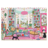A colorful illustrated interior scene showing a cozy book-filled room with chairs, shelves, bunting, a pink window seat, and several cats and a dog. This appears to be the artwork itself rather than a photo of a physical product in a real environment, so the best fit is Scenery.