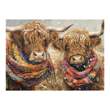 Two highland cows wearing colorful scarves in a snowy scene