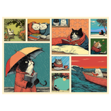 A vintage-style illustrated collage featuring anthropomorphic cats in various cozy and adventurous scenes, including reading under an umbrella in the rain, sleeping together, sitting on a beach, and sailing in a boat. The artwork is presented on a cream background with a thin border.