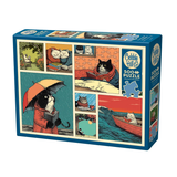 A boxed jigsaw puzzle on a plain white background. The box art shows multiple illustrated scenes with cats in red clothing, including one holding an orange-and-black umbrella and another rowing in a red boat.